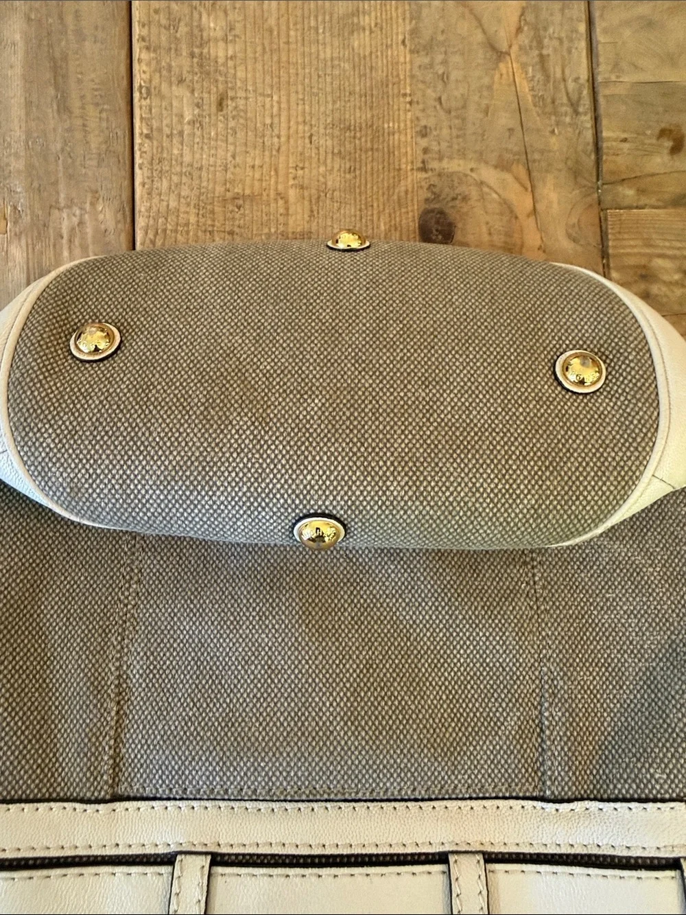 Michael Kors Beige Canvas Shoulder Bag with White Leather Trim
